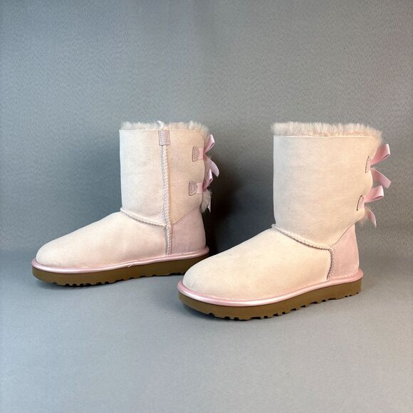 New Women's 7 UGG Boots Bailey Bow Seashell Pink Metallic Extremely Rare Retired - Picture 11 of 16